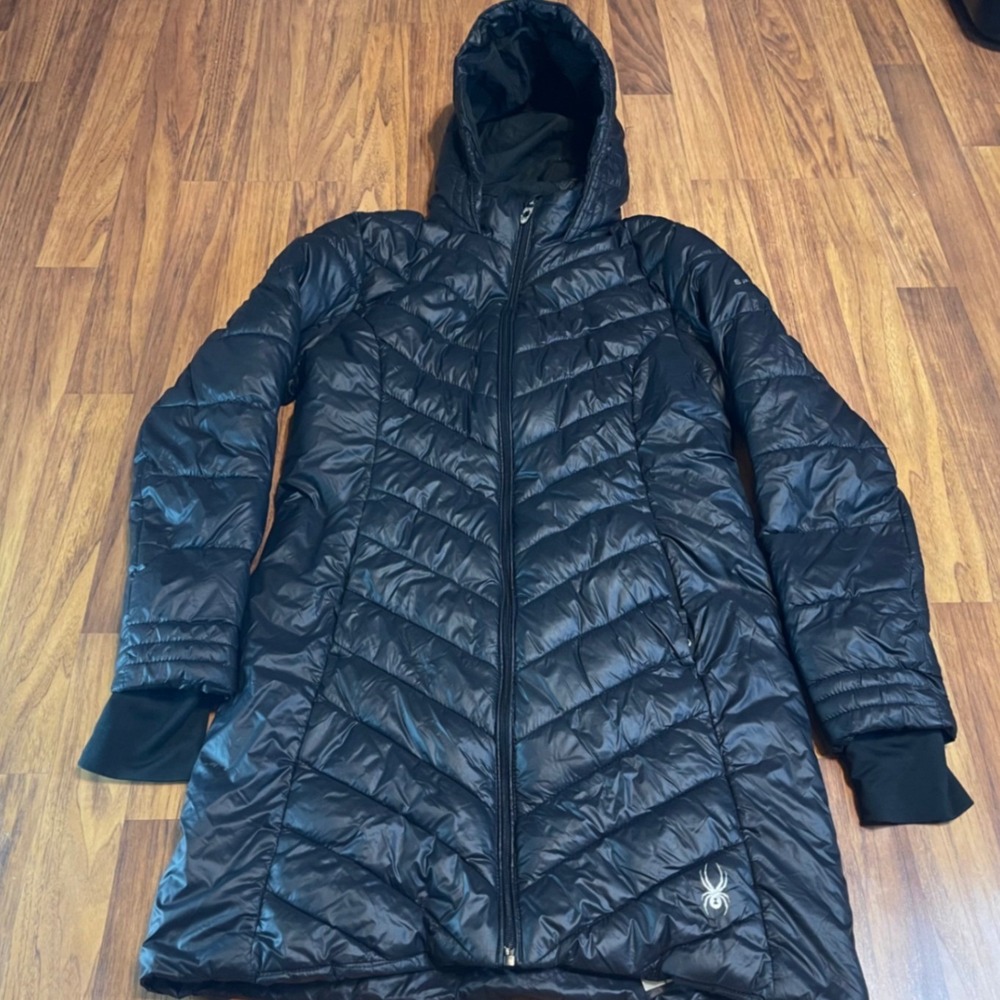 Spyder Puffer Parka Jacket Womens Small Black Quilted Hooded Insulated Long Coat